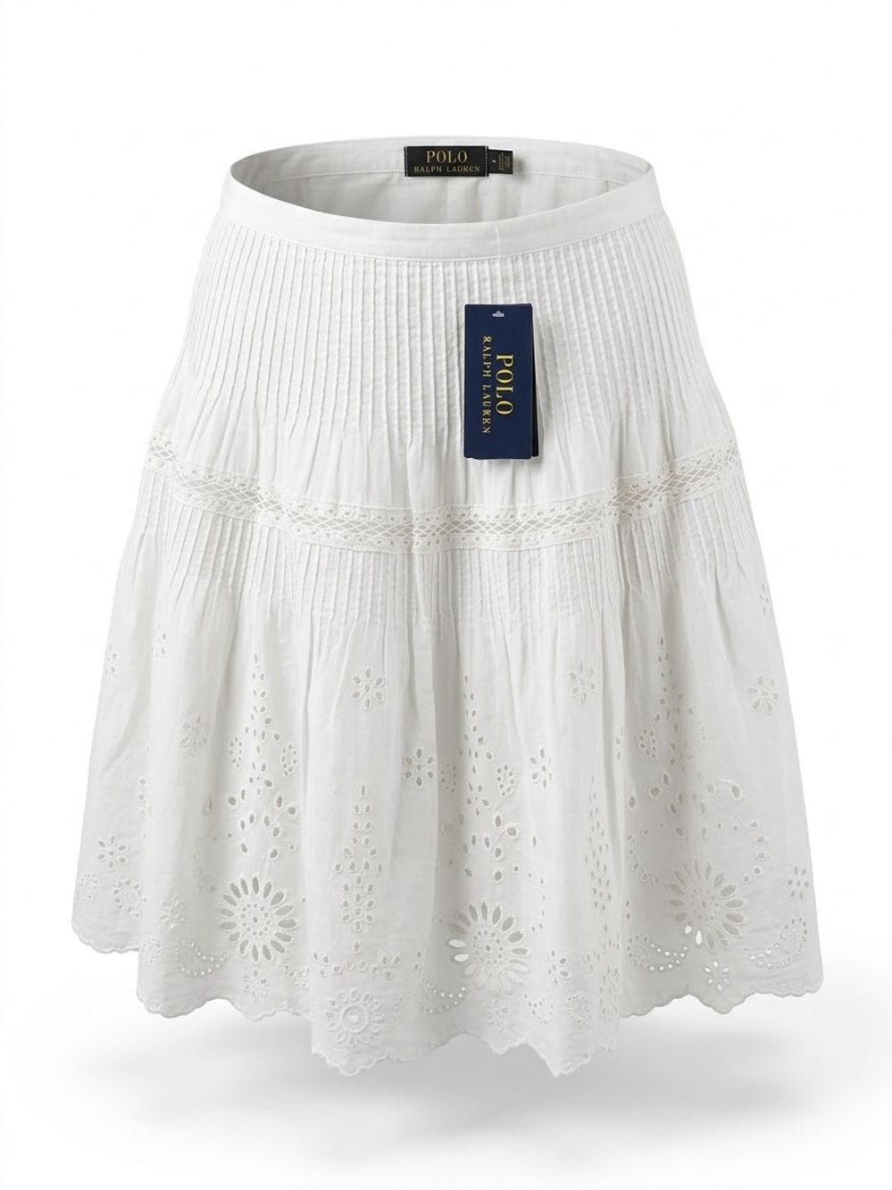 NWT Polo Ralph Lauren White Cotton Eyelet Embroidered Pintuck Broderi Skirt 0